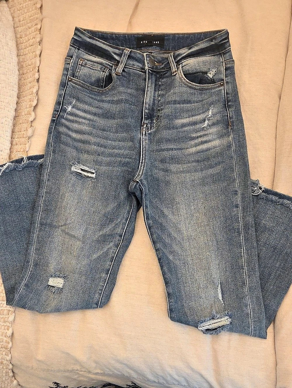 Risen Jeans Distressed Straight Leg Jeans in Blue Size 27